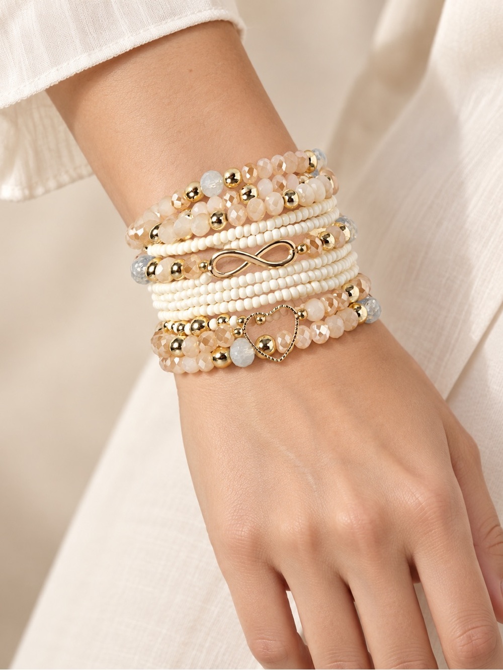 Cream & Gold Multi-Strand Beaded Bracelet Stack